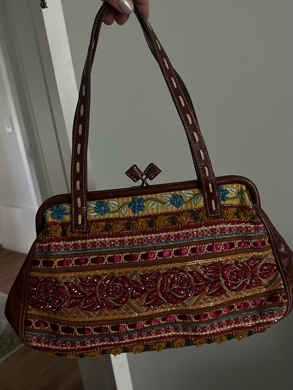 Embroidered Brown Multi-Color Beaded Shoulder Bag